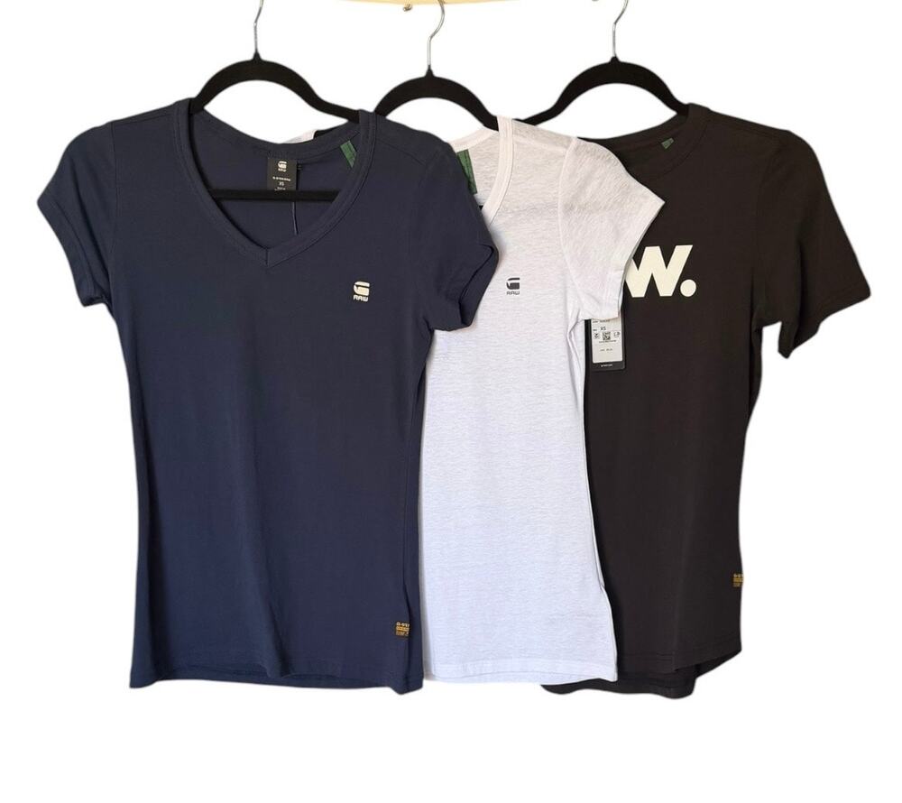 G-Star RAW Tee Bundle XS NWT Navy White V Neck & Black Logo Slim Fit Shirts